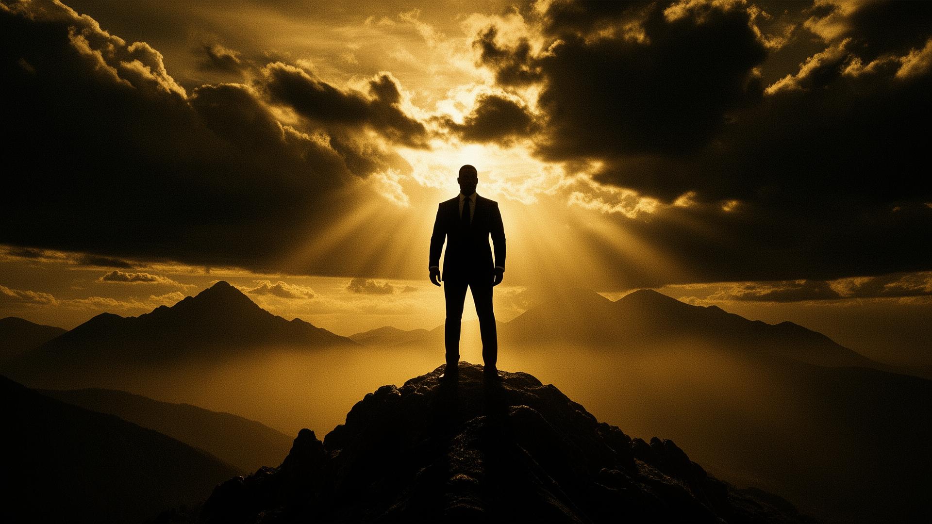 Cinematic silhouette on a mountain at sunrise